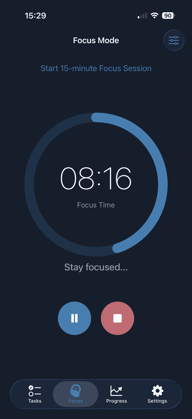 Fyndo ADHD productivity app screenshot: Pomodoro-style focus sessions - Pomodoro timer, Customizable durations: 15–60 minutes, Calming sounds, Break reminders